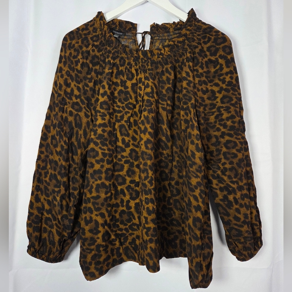 Talbots Animal Print Blouse Women's Size S Shirt Brown Black Top